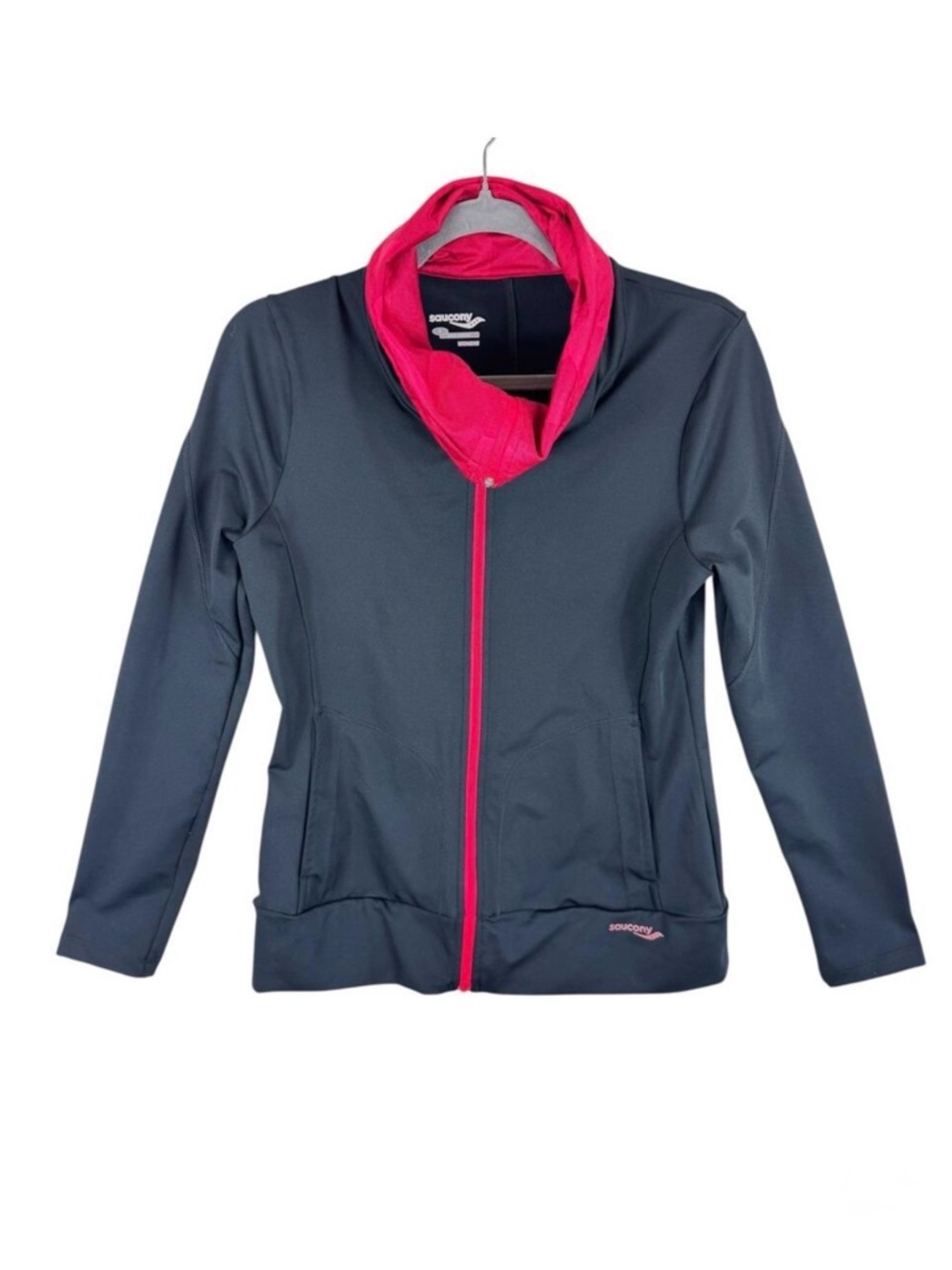 Saucony Black Pink‎ Full Zip High Neck Athletic Jacket Pockets Stretch Size S